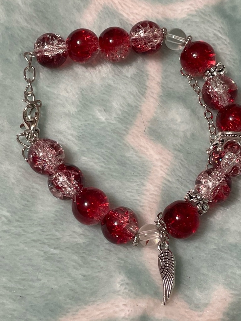 Red Crystal Bead Bracelet with Silver Wing Charm